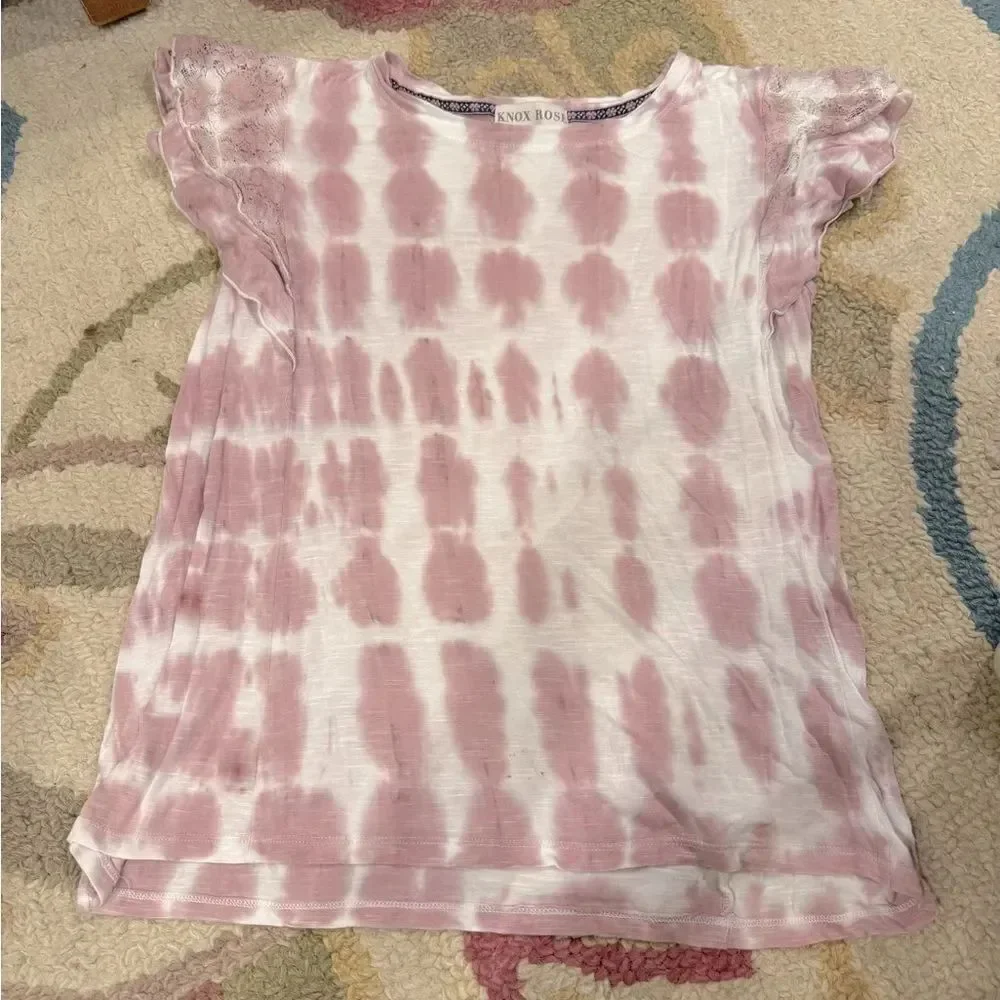 Knox Rose tie-dye top, pink and white, ruffled sleeves, size medium